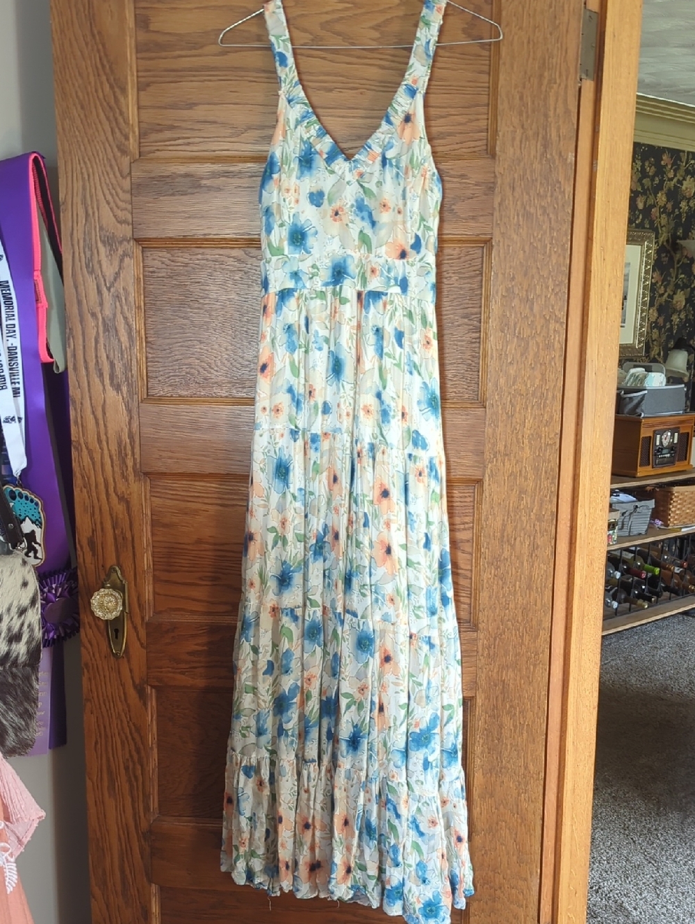 Penelope Rose Floral V-Neck Maxi Dress in Blue and Peach